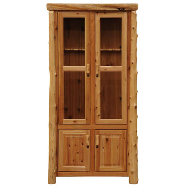 Fireside Lodge Cedar Log Twelve Gun Cabinet fully closed, highlighting its natural cedar wood grain and elegant glass-paneled upper doors