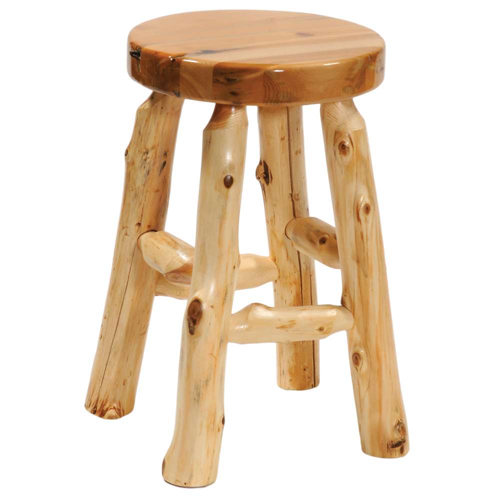 Fireside Lodge Cedar Round Barstool is a handcrafted wooden stool with a smooth round seat and sturdy log-style legs that highlight the natural knots and grain of cedar wood