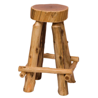 Fireside Lodge Cedar Slab Barstool - Outside Footrests is a rustic wooden stool made from natural cedar logs with a round seat and sturdy legs