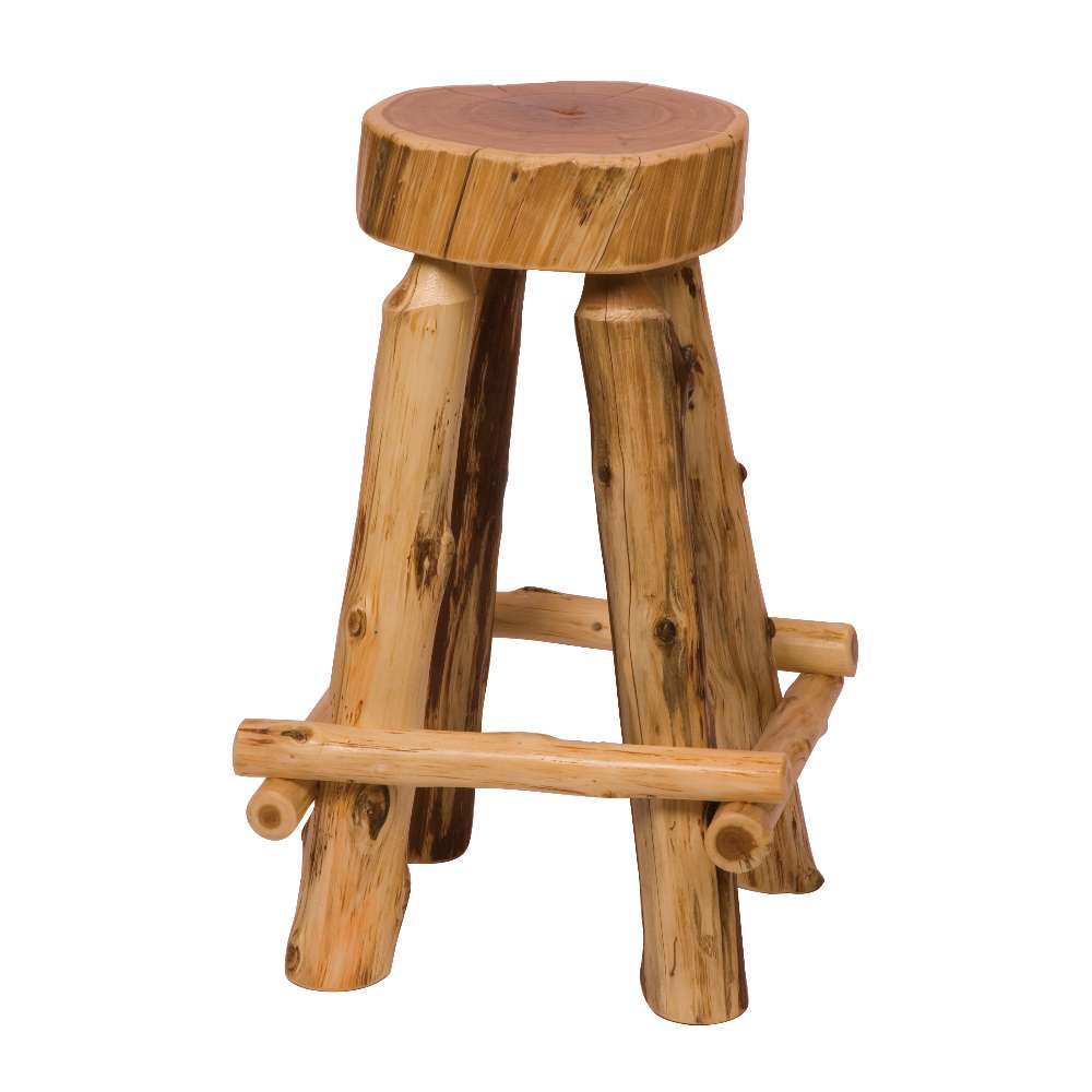 Fireside Lodge Cedar Slab Counter Stool - Outside Footrests is a rustic wooden stool with a round cedar seat, sturdy log legs, and outside footrests
