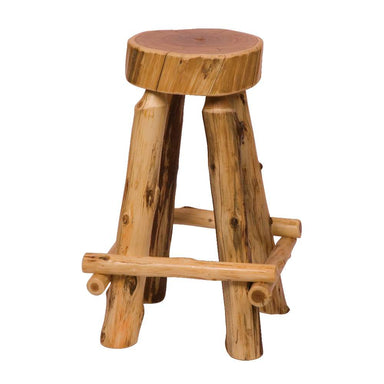 Fireside Lodge Cedar Slab Counter Stool - Outside Footrests is a rustic wooden stool with a round cedar seat, sturdy log legs, and outside footrests