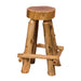 Fireside Lodge Cedar Slab Counter Stool - Outside Footrests is a rustic wooden stool with a round cedar seat, sturdy log legs, and outside footrests