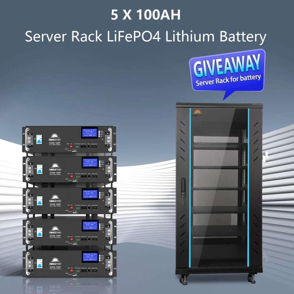 Five 100Ah LiFePO4 batteries and server rack for Sun Gold Power 10000W 48VDC 120V/240V LifePo4 32.14KWH Lithium Battery Off-Grid Solar Kit