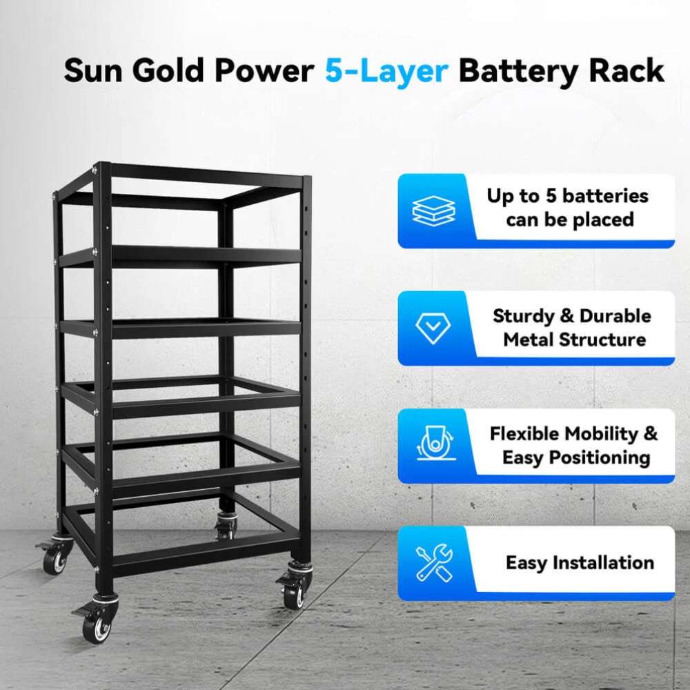 Five-tier Sun Gold Power 5-Layer Battery Rack highlighting durable construction, mobility, and easy installation