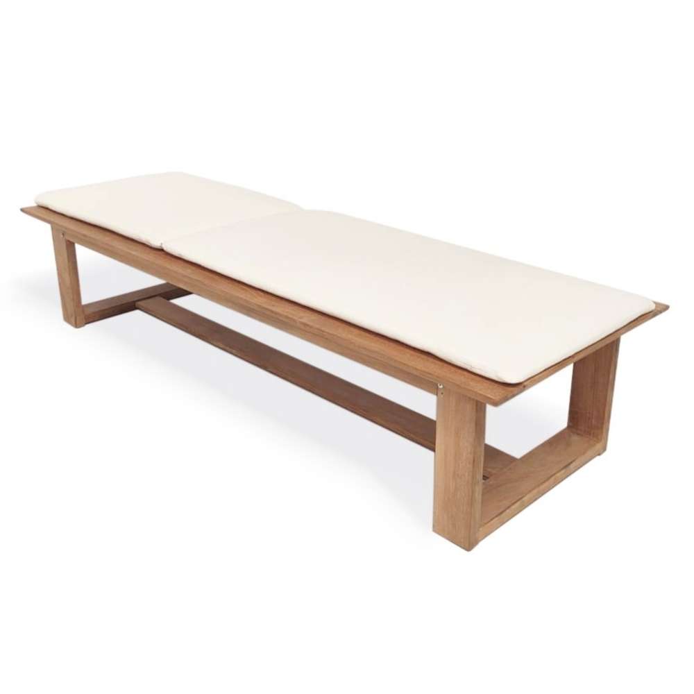Flat-position Westminster Teak Horizon High Chaise Lounger with a cream cushion is displayed, showing its long, low-profile wooden base