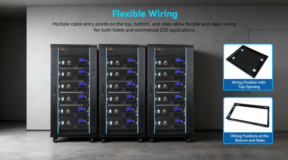 Flexible cable entry points on Sun Gold Power Enclosed Battery Cabinet 6 Slot with Bus Bar support clean, organized wiring