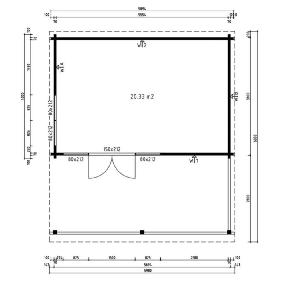 Floor plan of GardenHouse24 USA Kaarlo 70 Garden Room shows a 20.33-square-meter interior with double doors opening onto a terrace