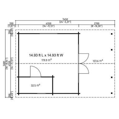 Floor layout of the GardenHouse24 USA Nepean 44A Garden Room with labeled room dimensions in square feet for each section of the structure