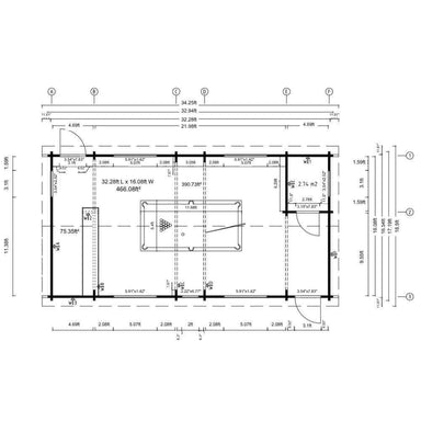Floor plan blueprint reveals room layouts, window placements, and the interior dimensions of GardenHouse24 USA Dundee 90A Garden Room including space for a pool table