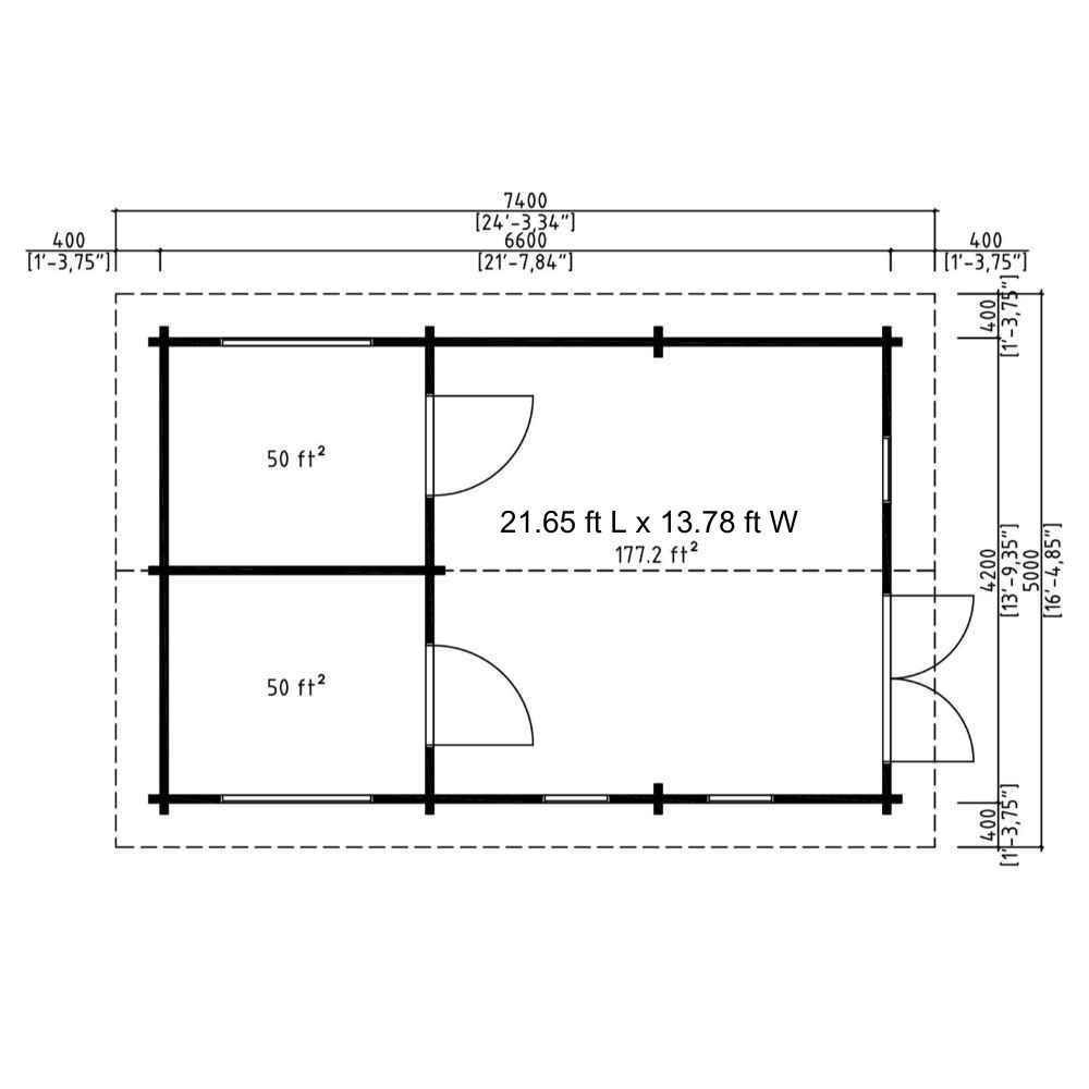 Floor plan diagram displays the layout of GardenHouse24 USA Farum 70 Garden Room with 2 small rooms and one large open area