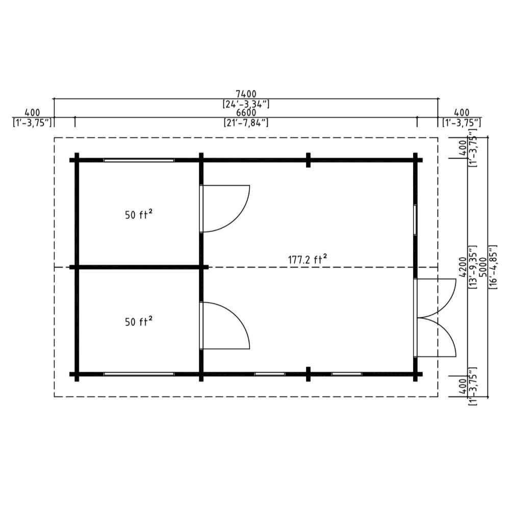 Floor plan diagram displays the layout of the GardenHouse24 USA Farum 70 Garden Room with two small rooms and one large open area