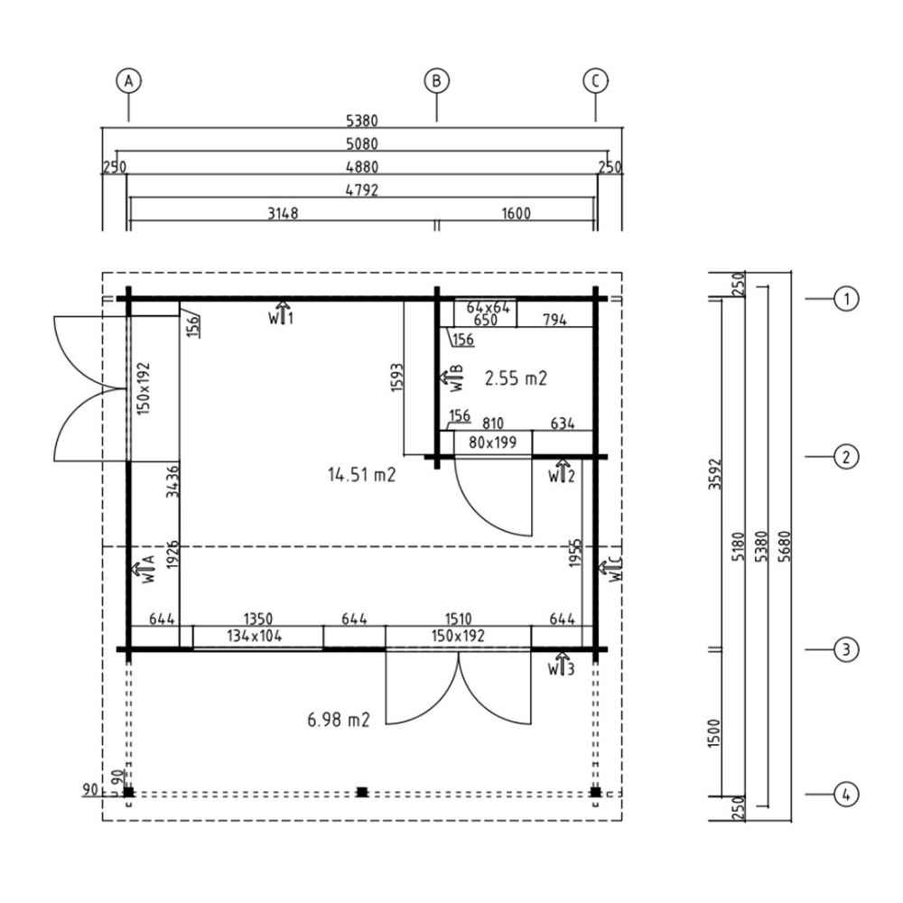 Floor plan diagram of the GardenHouse24 USA Lerum 44 Garden Room shows precise room dimensions and interior layout
