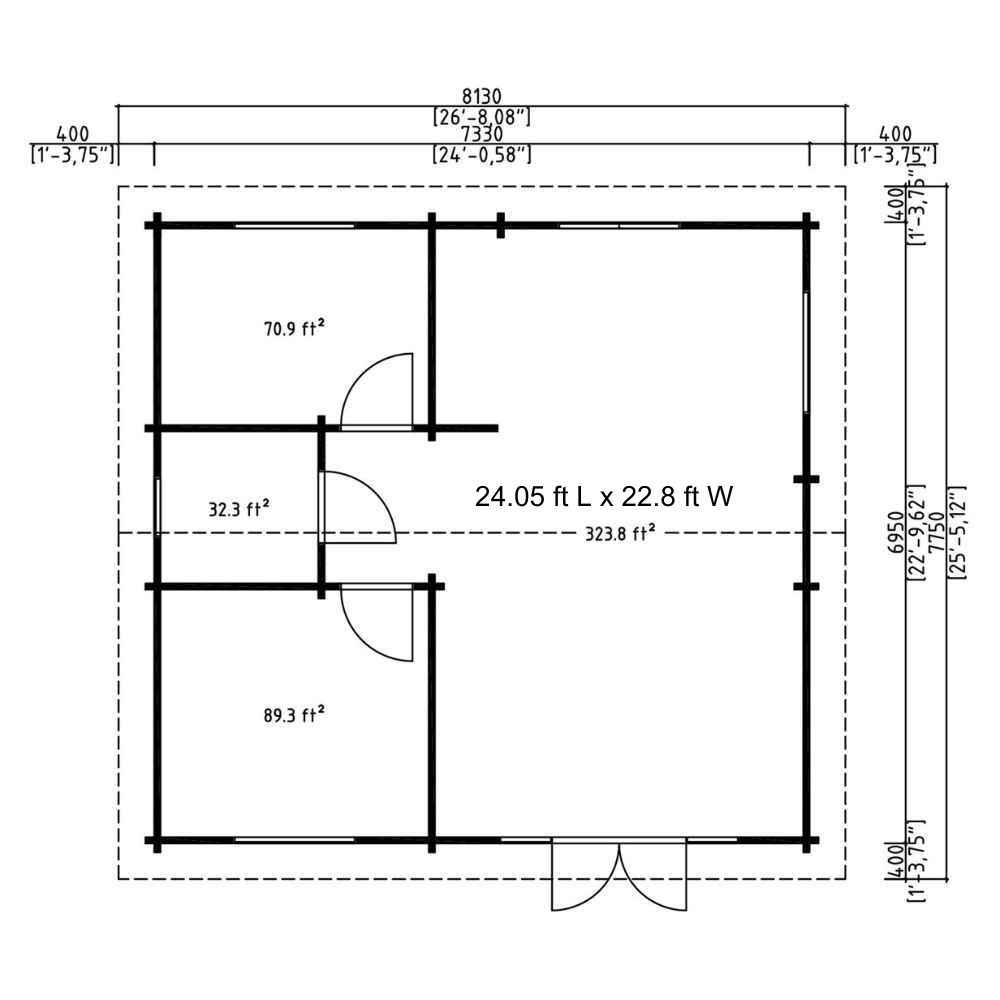 Floor plan diagram outlines the interior layout of GardenHouse24 USA Skive 70 Garden Room, with three defined rooms and detailed dimensions