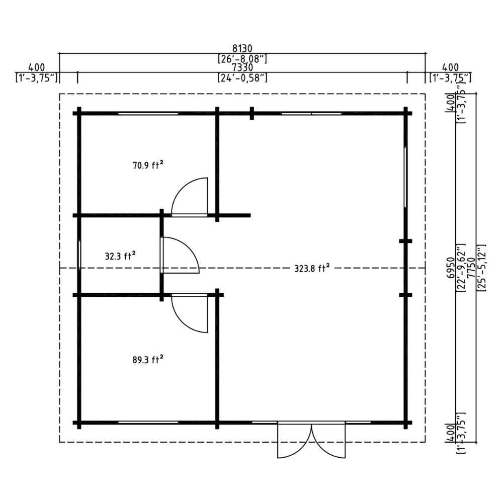 Floor plan diagram outlines the interior layout of the GardenHouse24 USA Skive 70 Garden Room, revealing three defined rooms and detailed dimensions