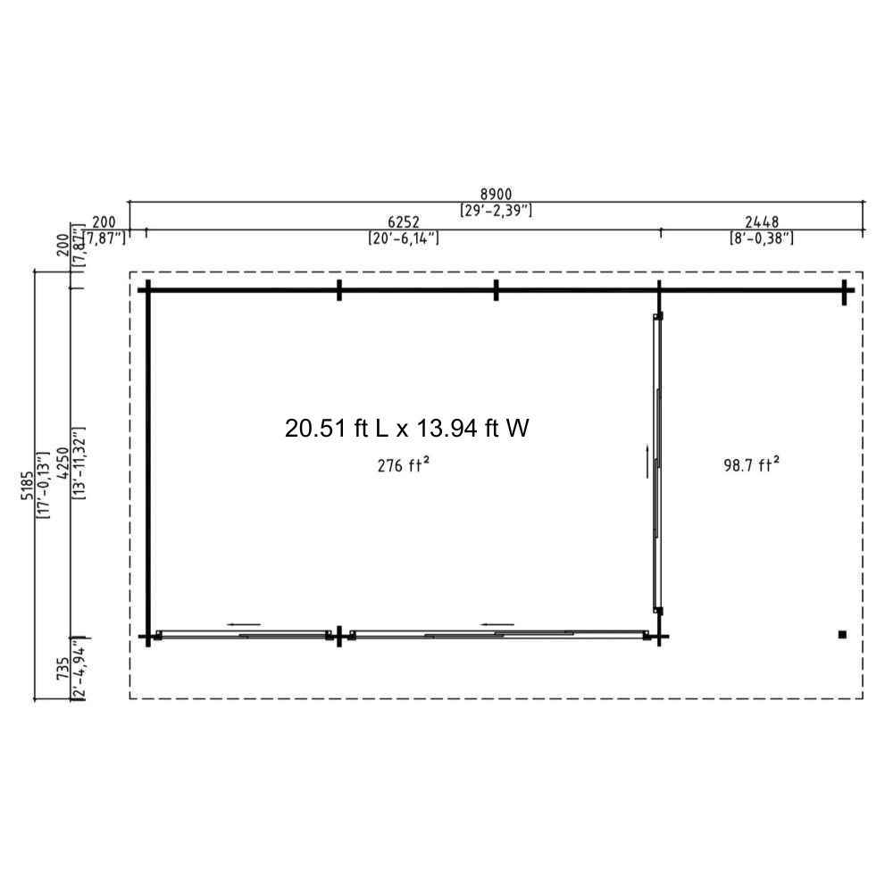 Floor plan diagram shows GardenHouse24 USA ALU Concept 44O Garden Room with 2 defined interior spaces totaling 375 square feet