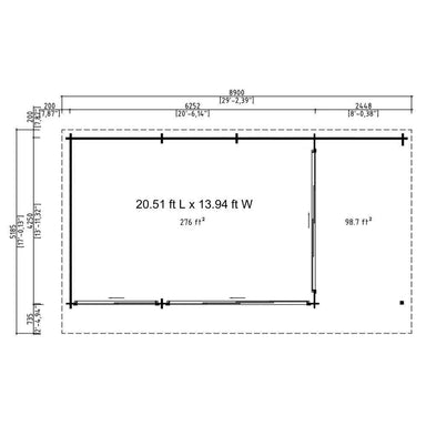 Floor plan diagram shows GardenHouse24 USA ALU Concept 44O Garden Room with 2 defined interior spaces totaling 375 square feet