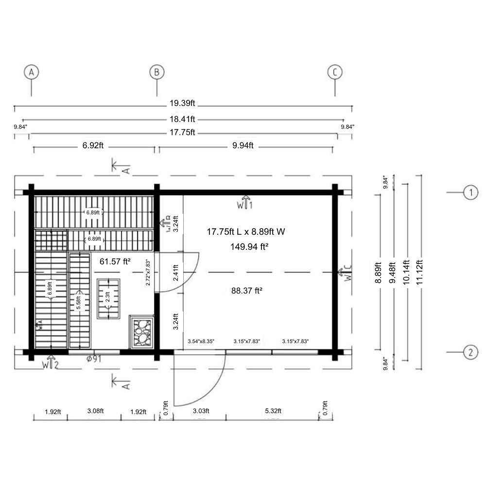 Floor plan drawing of GardenHouse24 USA Sauna Sanna 90 Garden Room shows two sections labeled with detailed measurements and room sizes