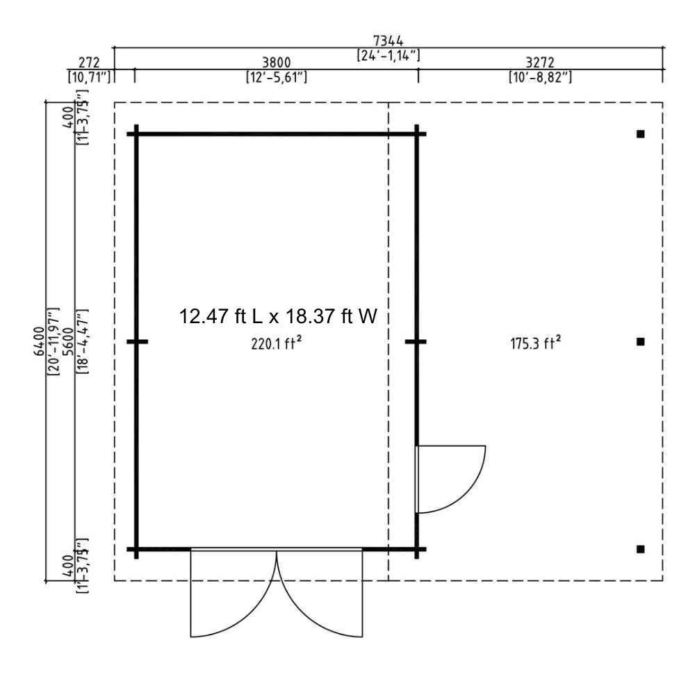 Floor plan for GardenHouse24 USA Garage Bjarne 44 Garden Room with dimensions in square feet for clearer U.S. reference