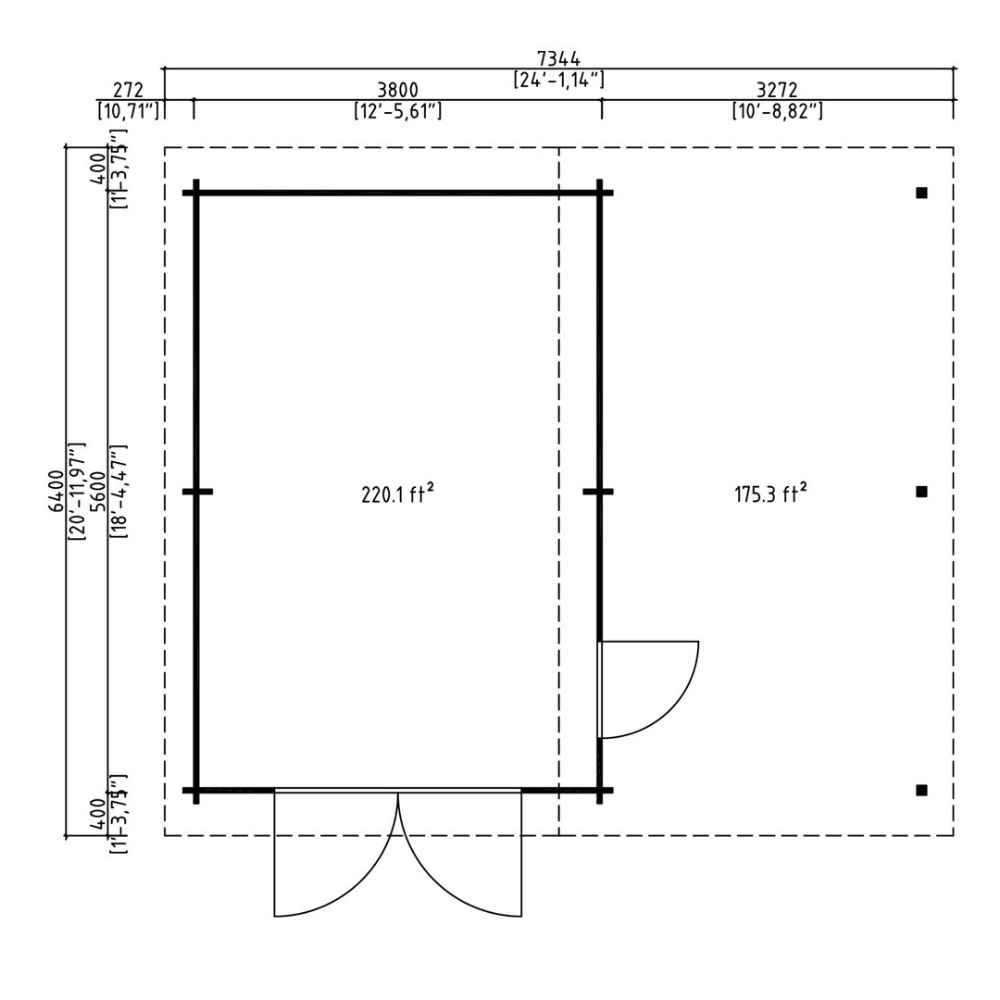 Floor plan for the GardenHouse24 USA Garage Bjarne 44 Garden Room with dimensions converted to square feet for clearer U.S. reference