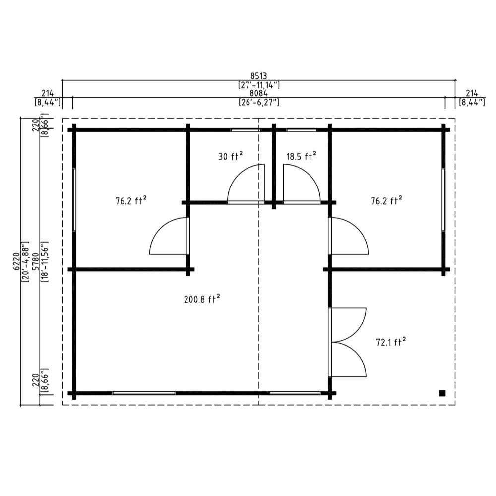 Floor plan for the GardenHouse24 USA Skanderborg 70 Garden Room breaks down each space in square feet, clearly labeled and measured