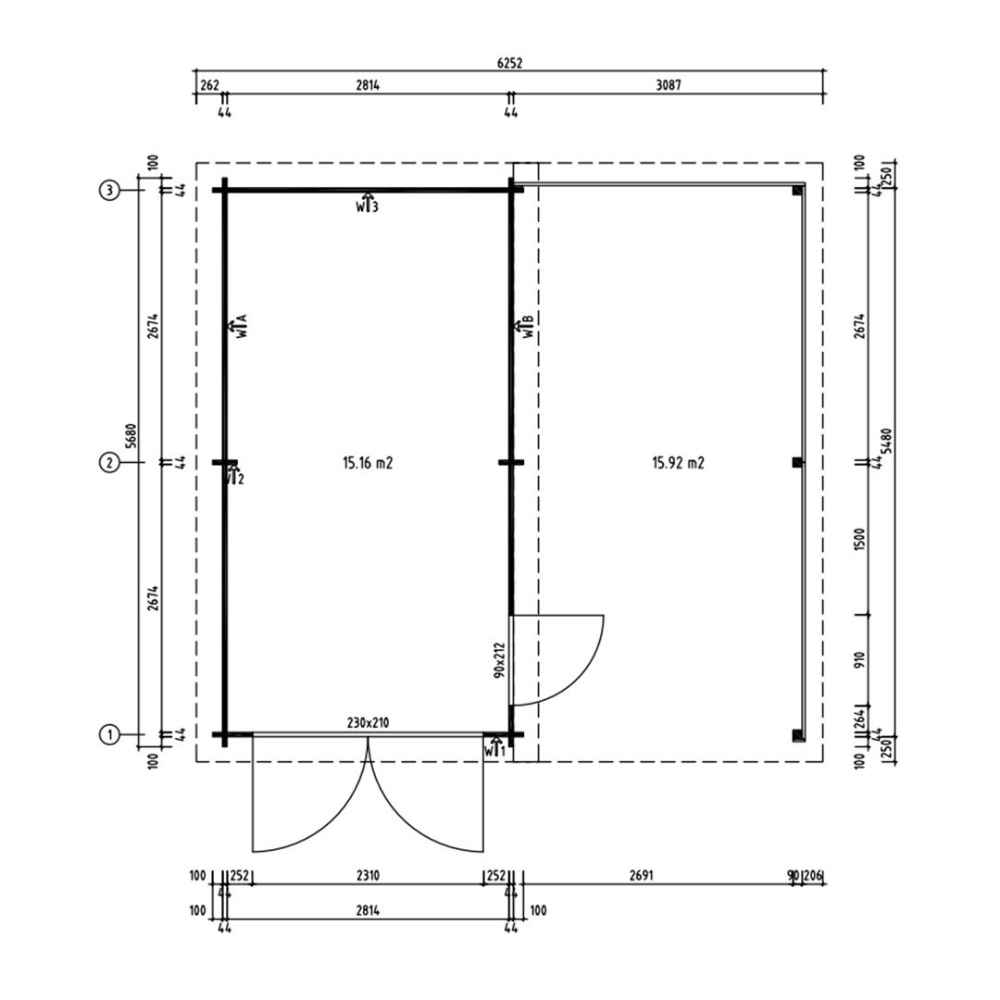 Floor plan illustrates the internal layout and dimensions of the GardenHouse24 USA Garage Morten 44A Garden Room, featuring two distinct sections