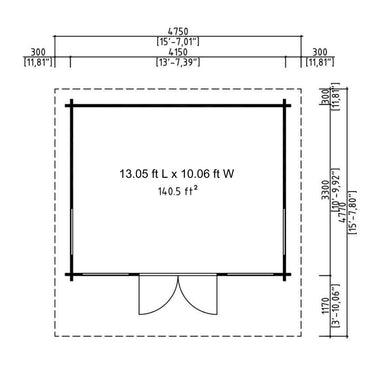 Floor plan in feet and inches showing the 40.5 square foot interior of GardenHouse24 USA Barbara 44A Garden Room