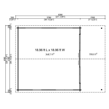 Floor plan in feet showing the total square footage for GardenHouse24 USA ALU Concept Arosa 44C Garden Room divided into two main spaces