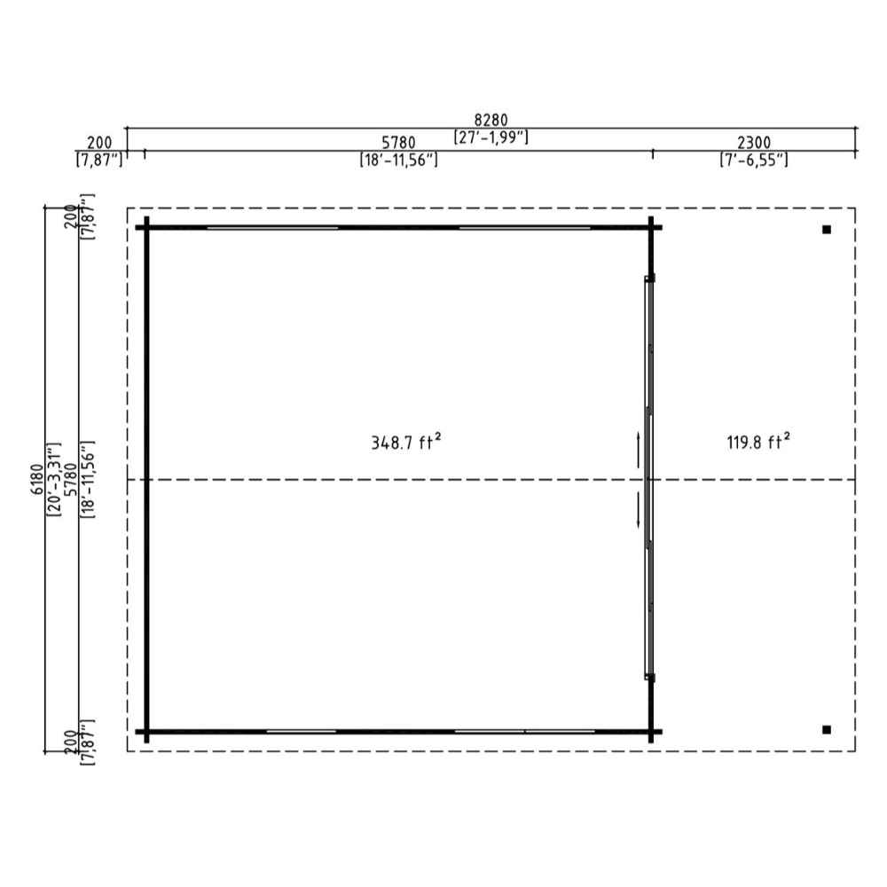 Floor plan in feet showing total square footage for the GardenHouse24 USA ALU Concept Arosa 44C Garden Room, divided into two main spaces