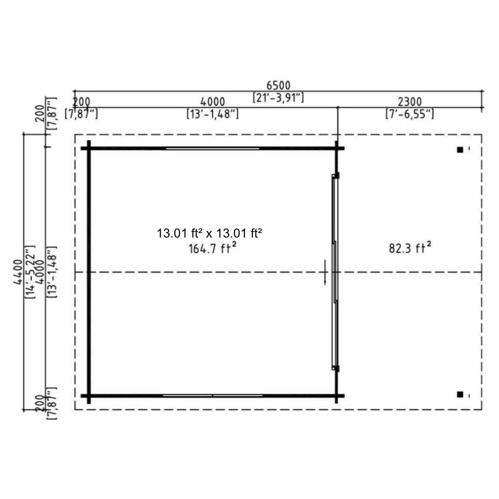 Floor plan in feet shows the GardenHouse24 USA ALU Concept Arosa 44A Garden Room with two sections labeled 164.7 ft² and 82.3 ft², including exterior dimensions
