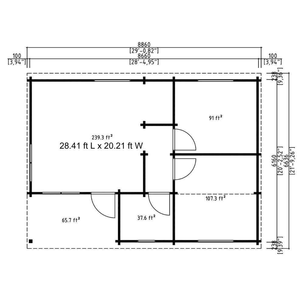 Floor plan in square feet labels each interior space within the GardenHouse24 USA Pamplona 70 Garden Room