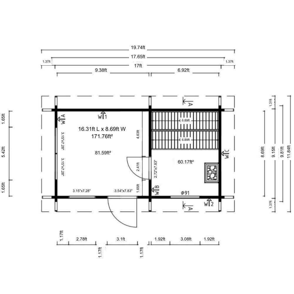 Floor plan layout of GardenHouse24 USA Sauna Sahib 70 Garden Room reveals two interior sections with dimensions for room use and entry points