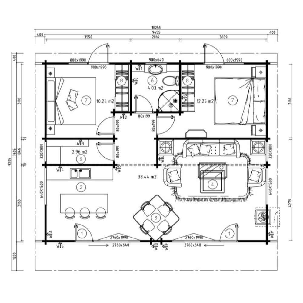 Floor plan layout of the GardenHouse24 USA Darcy 70 Garden Room reveals two bedrooms, a bathroom, and an open living-kitchen space