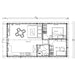 Floor plan layout of the GardenHouse24 USA Sean 44 Garden Room displays labeled furniture and measurements for each room including a kitchen, living area, two bedrooms, and a bathroom