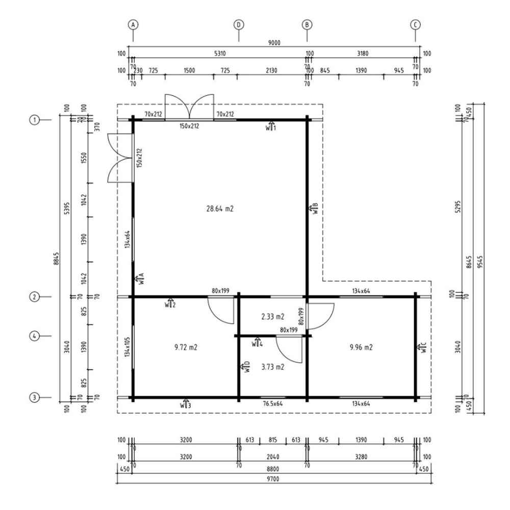 Floor plan layout showing interior room dimensions and wall measurements for the GardenHouse24 USA Harbord 70 Garden Room