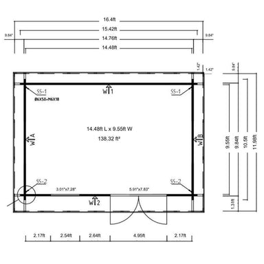 Floor plan layout showing internal dimensions, door and window placements, and a 138.32 ft² area of GardenHouse24 USA Miriam 44A Modern Garden Room
