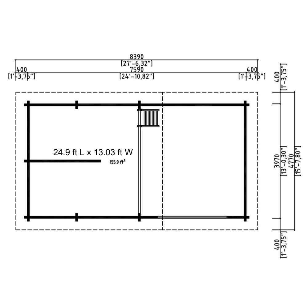 Floor plan layout with interior divisions and dimensions for GardenHouse24 USA Montreal 70 Garden Room