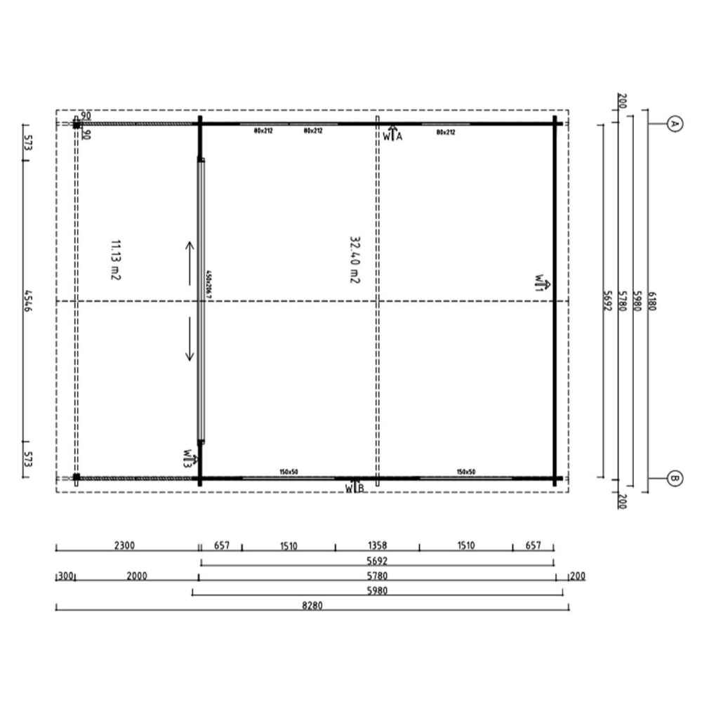 Floor plan layout with room dimensions and internal walls marked for the GardenHouse24 USA ALU Concept Arosa 44C Garden Room