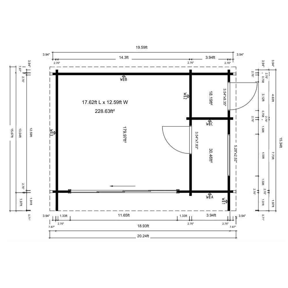 Floor plan of GardenHouse24 USA ALU Concept 70B Garden Room displays interior room layout and dimensions in square feet