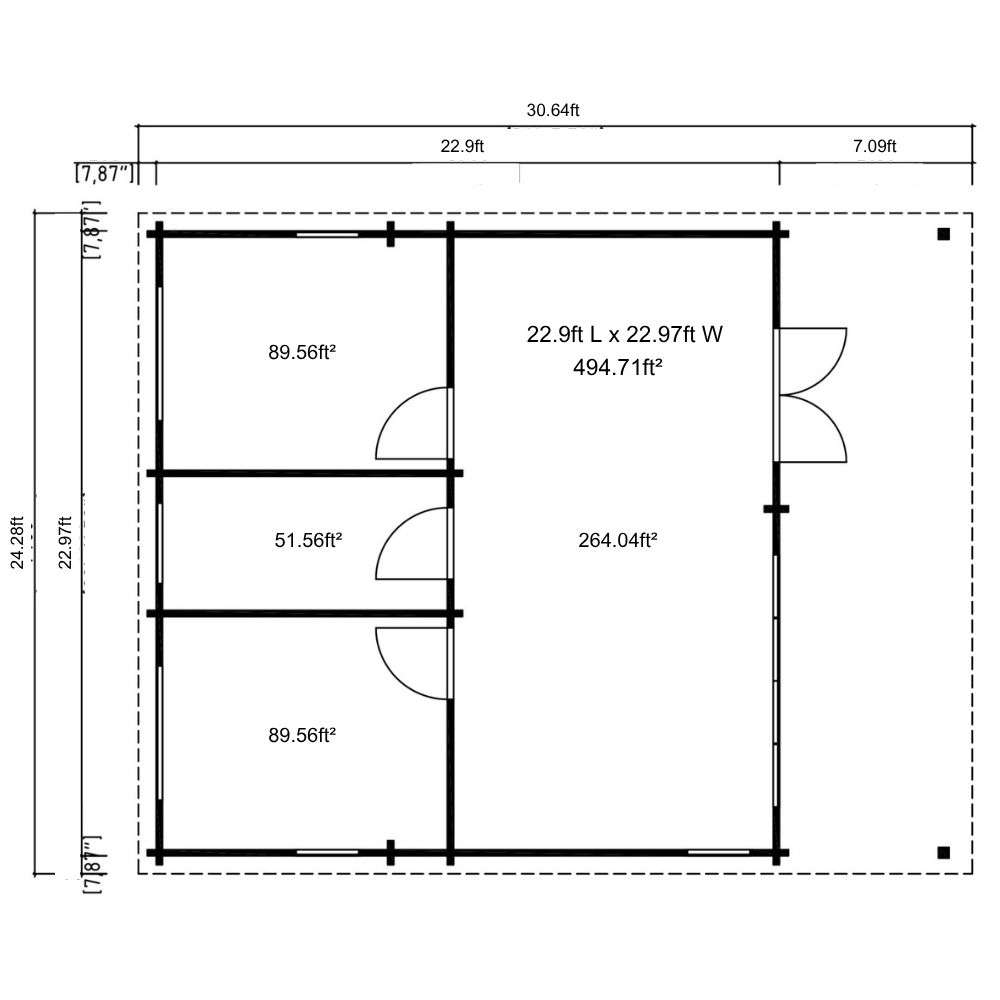 Floor plan of GardenHouse24 USA Arhus 70 Garden Room shows clearly labeled rooms with precise measurements