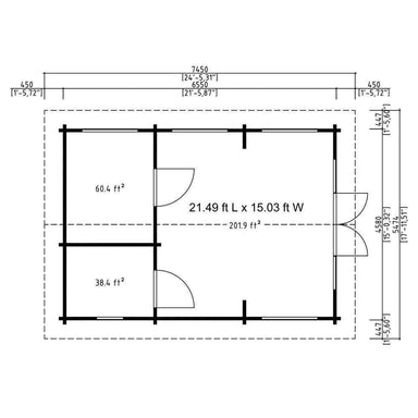 Floor plan of GardenHouse24 USA Astrid 70 Garden Room shows three separate spaces and their dimensions