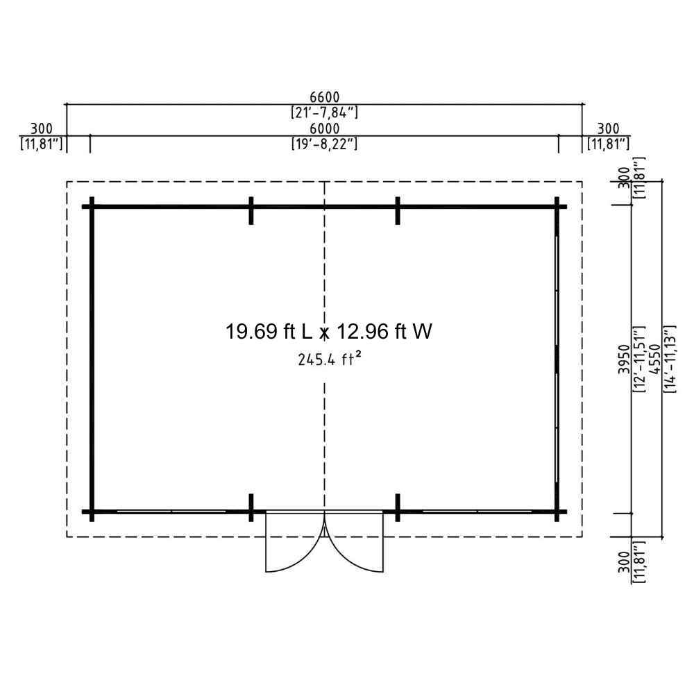 Floor plan of GardenHouse24 USA Bern 70 Garden Room with a 245.4-square-foot open space layout with dimensions in feet and inches