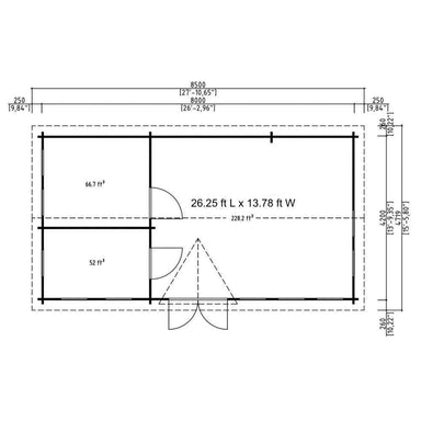 Floor plan of GardenHouse24 USA Clockhouse Bristol 44mm Garden Room with three rooms including a spacious central area and two smaller side sections
