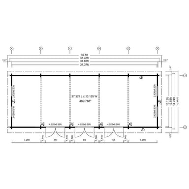 Floor plan of GardenHouse24 USA Game Room 70 Garden Room shows a long rectangular layout with detailed dimensions and multiple front-facing doors