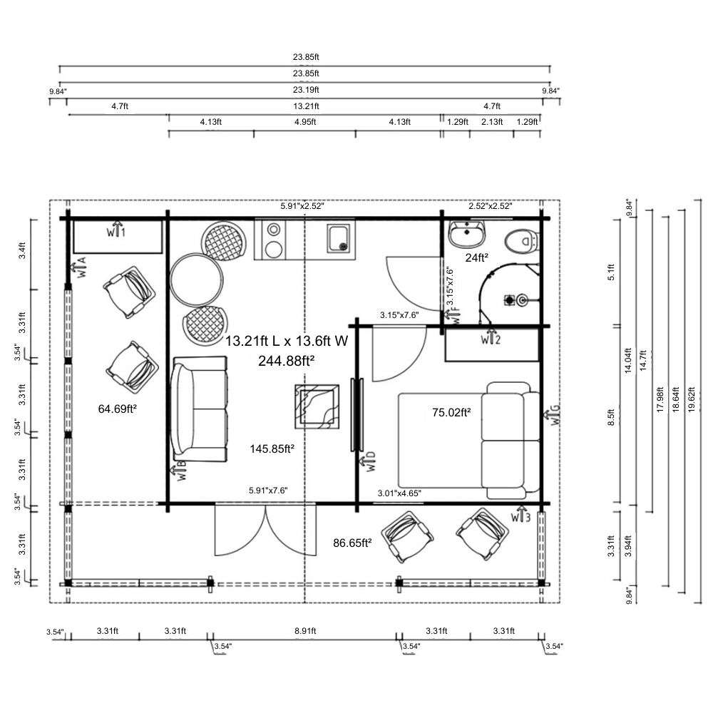 Floor plan of GardenHouse24 USA Glostrup 44 Garden Room outlines the dimensions and layout, including living, kitchen, bedroom, and bathroom spaces