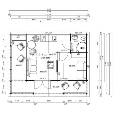 Floor plan of GardenHouse24 USA Glostrup 44 Garden Room outlines the dimensions and layout, including living, kitchen, bedroom, and bathroom spaces