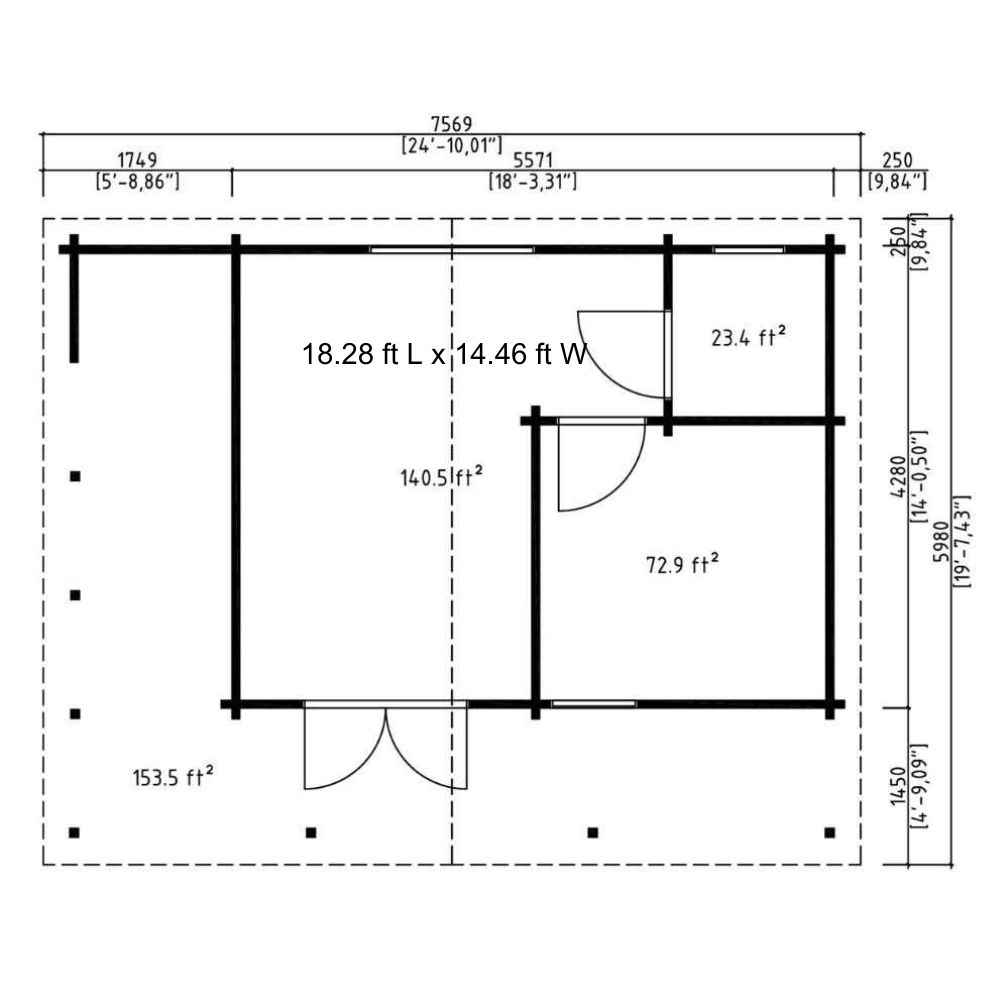 Floor plan of GardenHouse24 USA Glostrup 70 Garden Room outlines the roof slope, window sizes, and exterior wall paneling