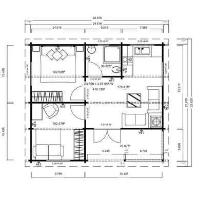 Floor plan of GardenHouse24 USA Granny Flat Malta Garden Room reveals two bedrooms, a bathroom, kitchen, and a living space with clear room dimensions