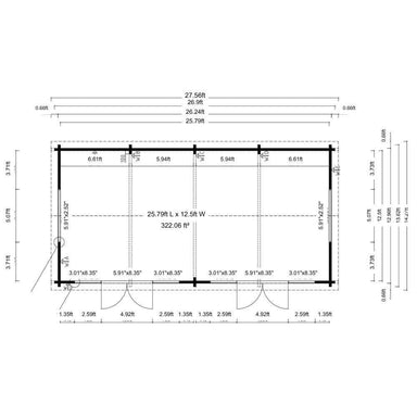 Floor plan of GardenHouse24 USA Jara 70B Garden Room details its dimensions, doors, and internal spacing