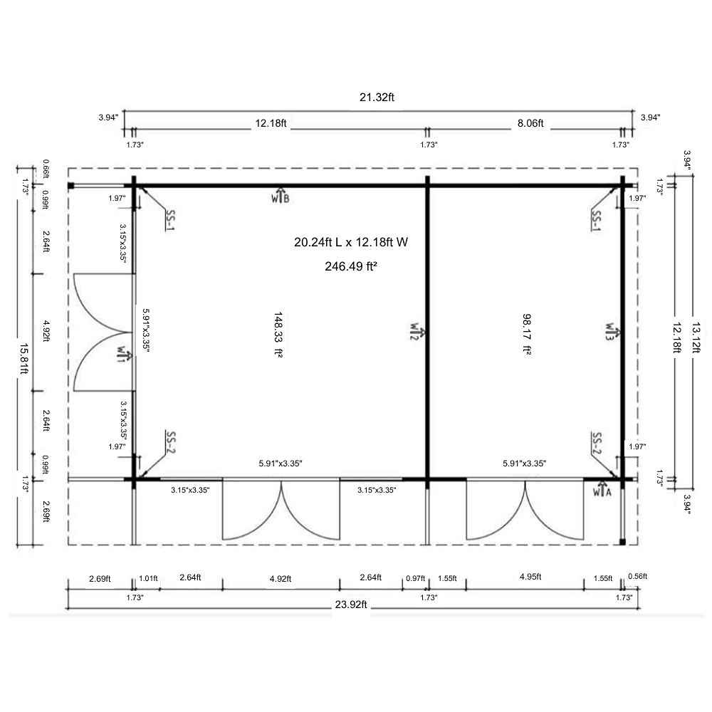 Floor plan of GardenHouse24 USA Konrad 44 Garden Room illustrates two rooms with measurements for doors, walls, and interior spaces
