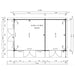 Floor plan of GardenHouse24 USA Konrad 44 Garden Room illustrates two rooms with measurements for doors, walls, and interior spaces
